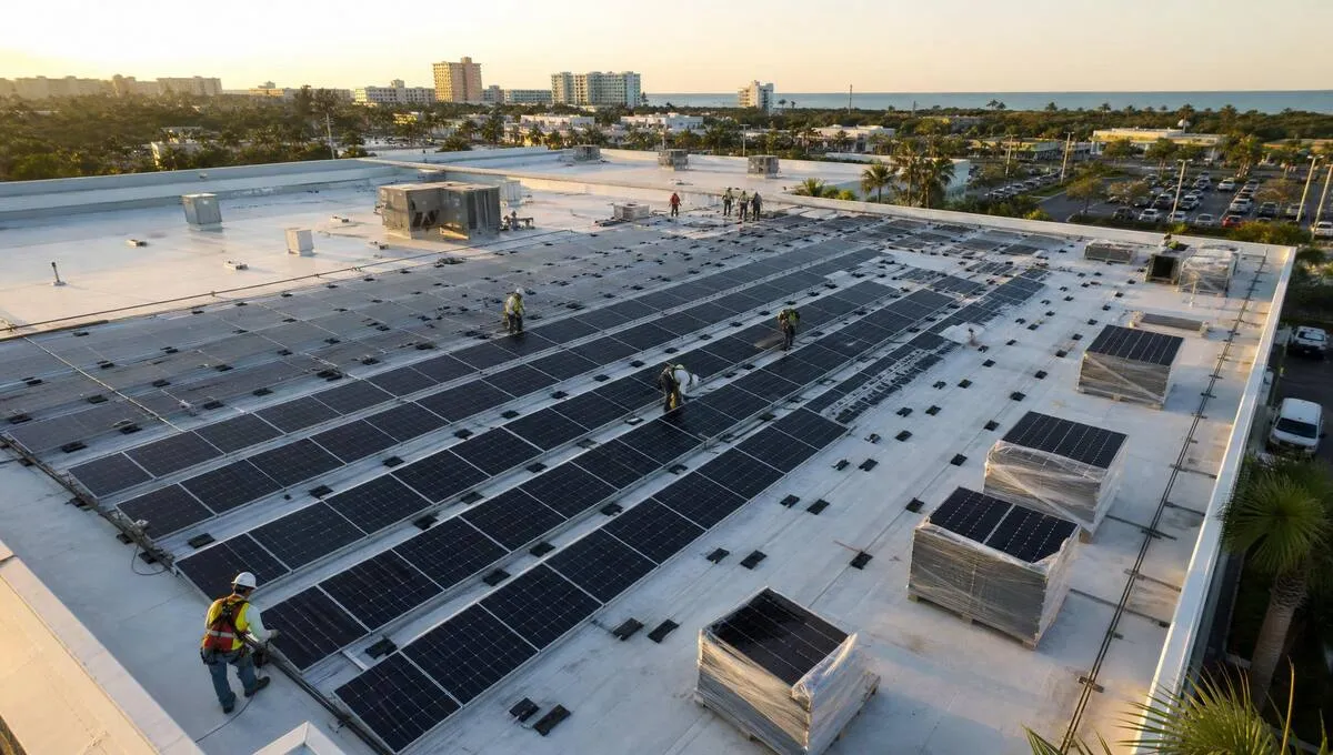 Commercial solar panel installation on a Florida business rooftop by Coastal Energy