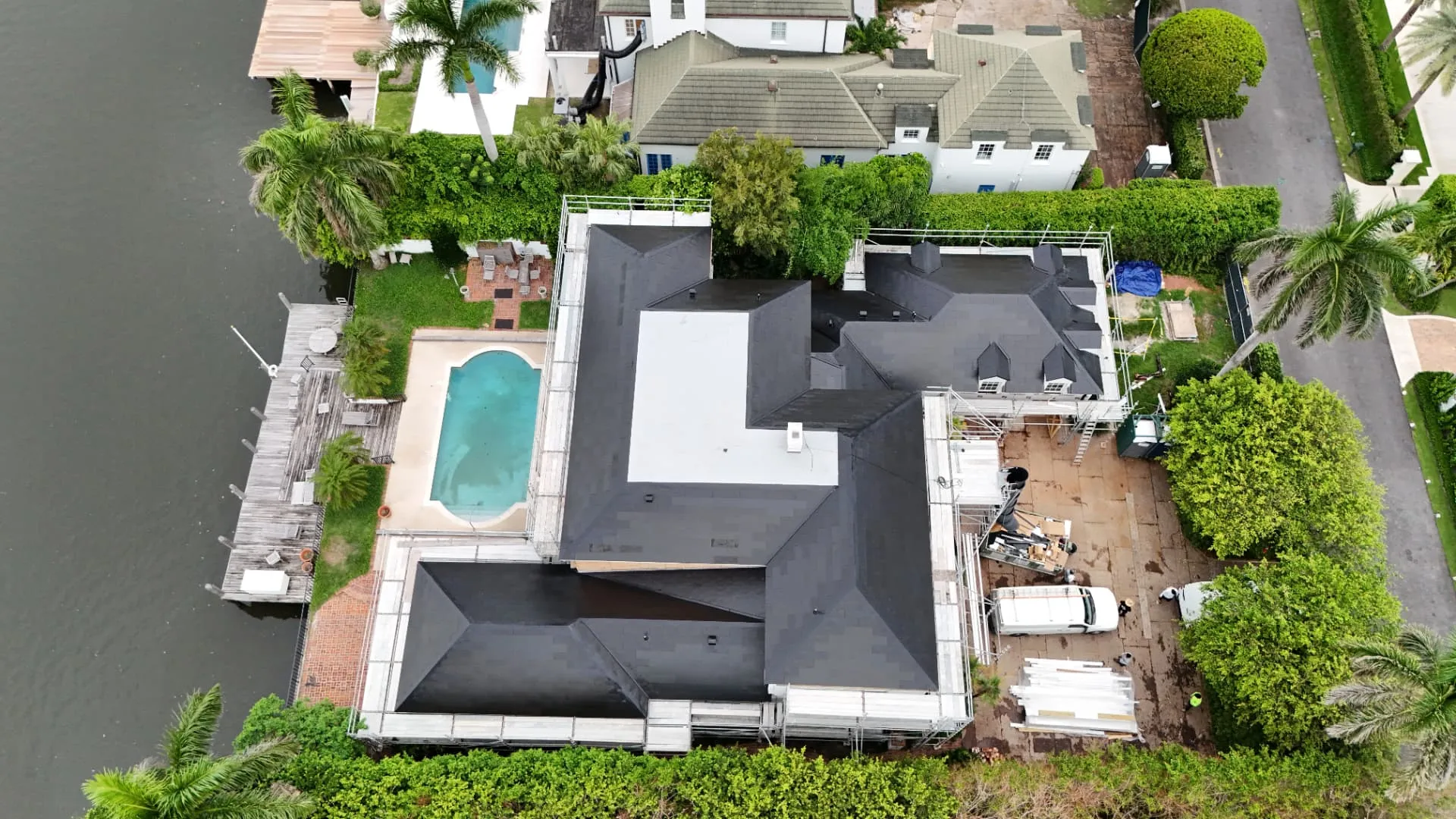 Top down aerial of a completed estate roof replacement in Jupiter