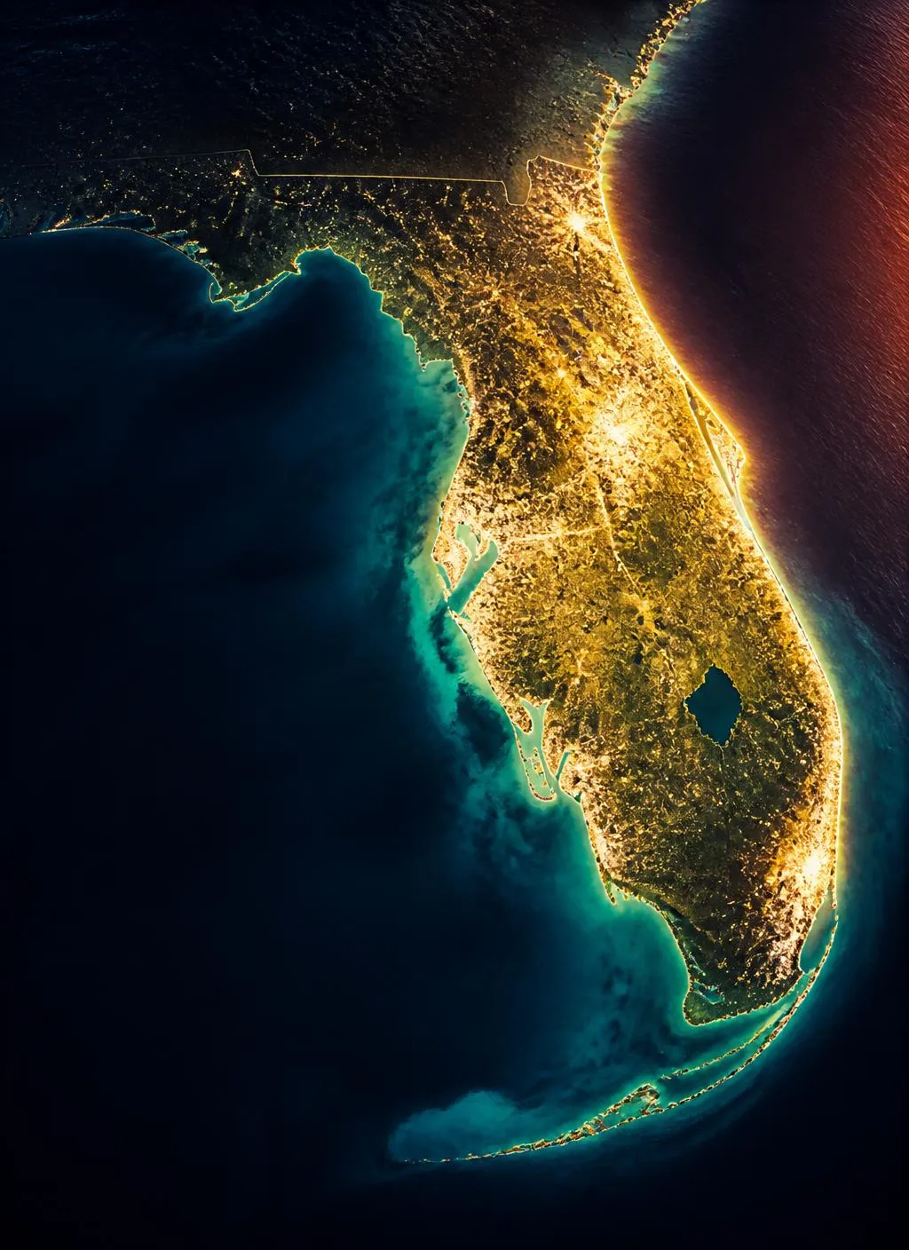 Stylized map of Florida with the peninsula glowing brightly in sunlight and the panhandle dimmer