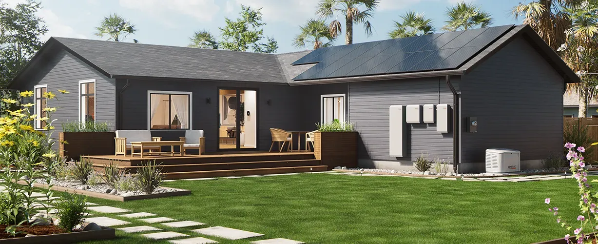 Home with rooftop solar, Generac PWRcell 2 battery cabinets on the wall and a Generac standby generator beside it