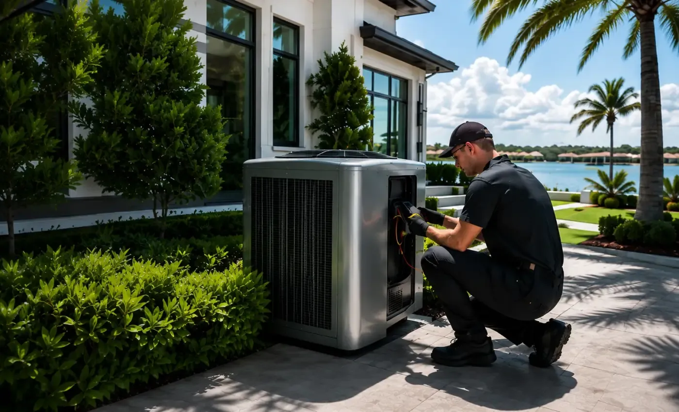 Coastal Energy HVAC technician servicing an air conditioning condenser at a Florida home