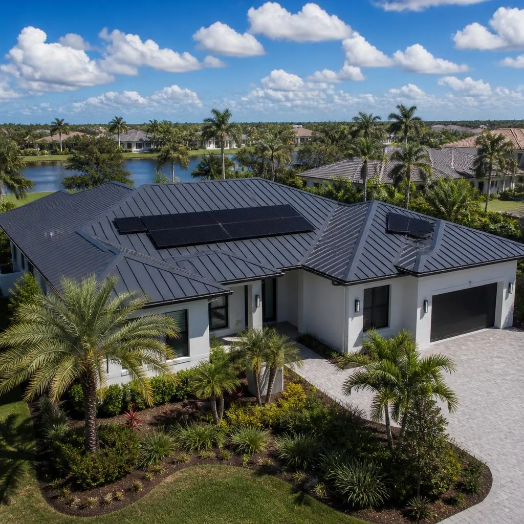 Florida home with a modern standing seam metal roof and black solar panels installed by Coastal Energy