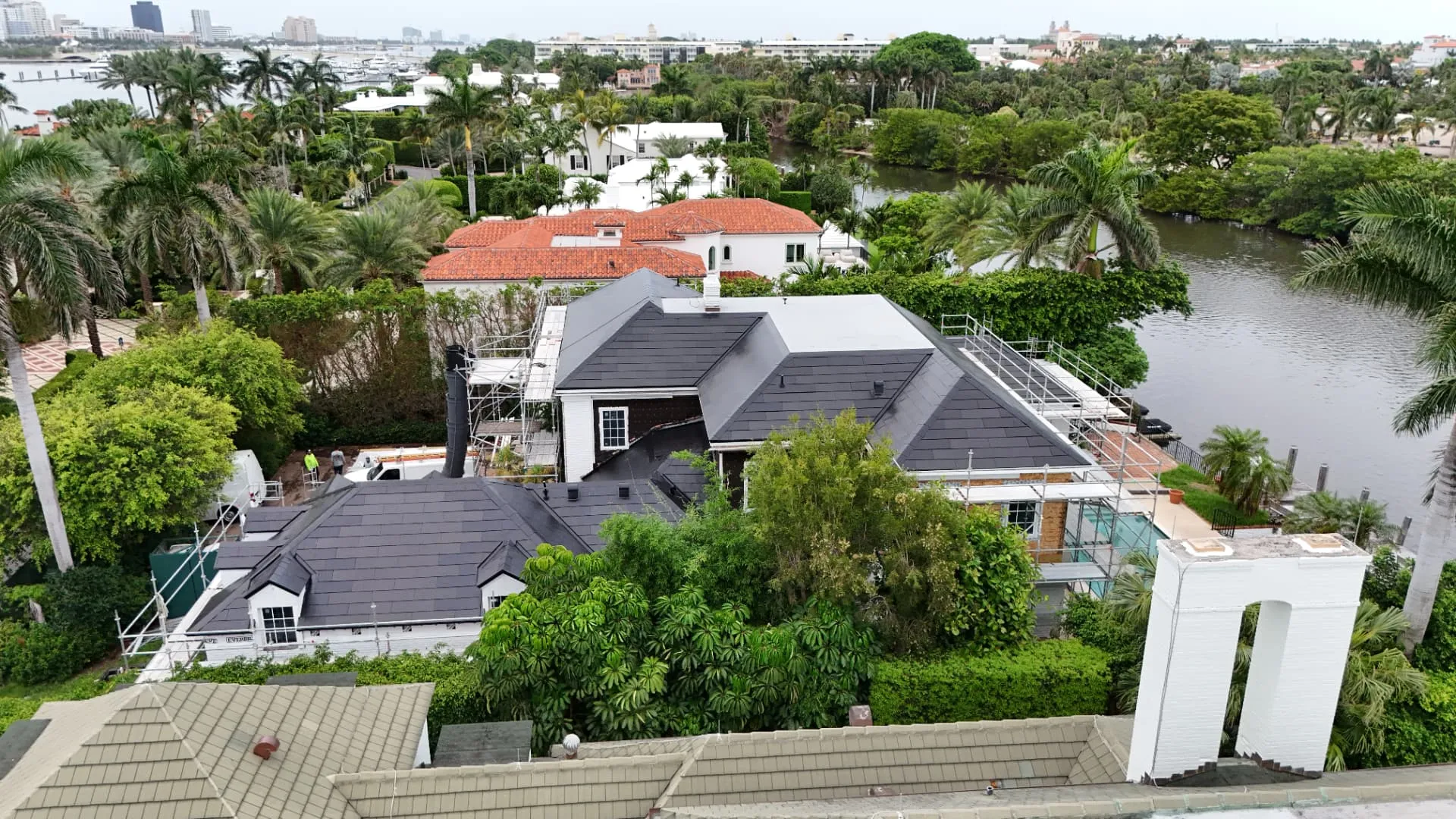 Aerial view of a coastal South Florida estate roof replacement
