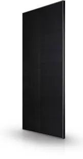 Angled view of a sleek all black low profile solar panel like the Tesla 420W module