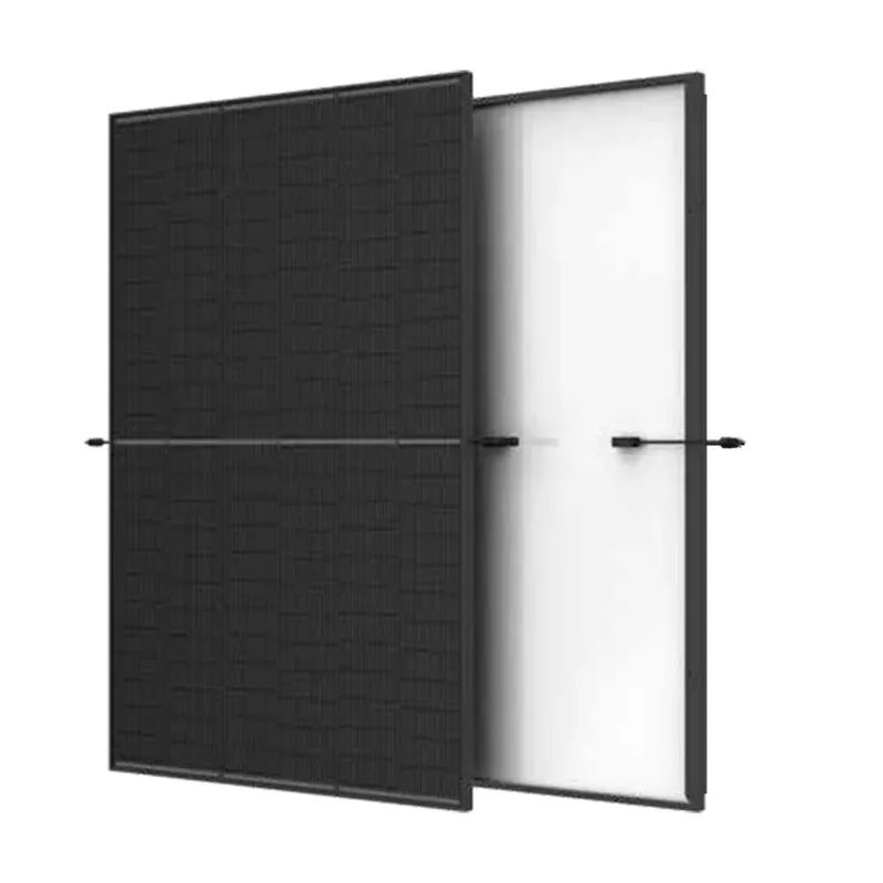 Front and back view of an all black monocrystalline solar panel like the Trina 445W module